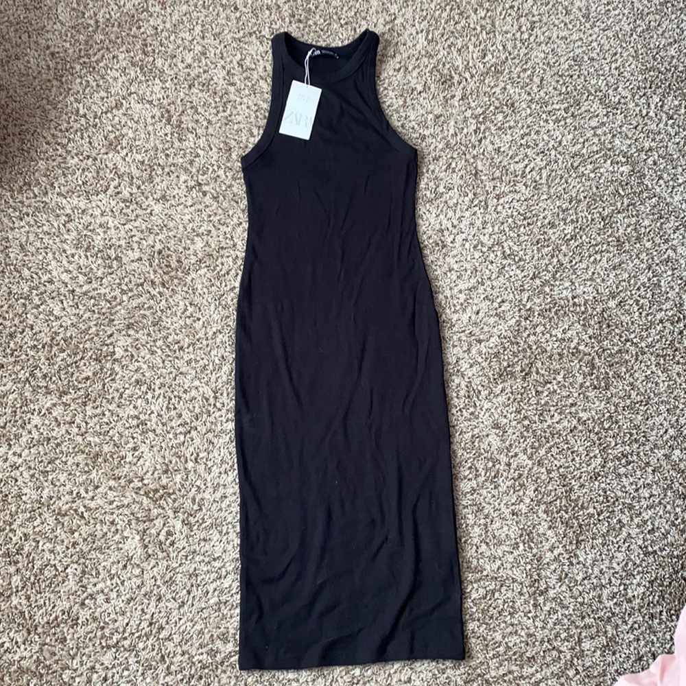 NWT Zara black ribbed midi dress size M